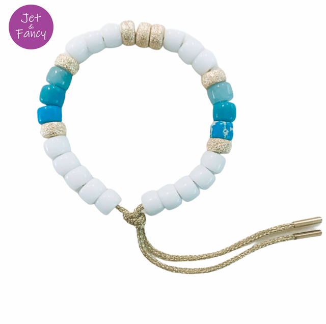 MULTI COLOR NATURAL STONE PONY BEAD BRACELET – TIE ON – WHITE BLUE GOLD – Pony  Bead Bracelets, headbands and accessories